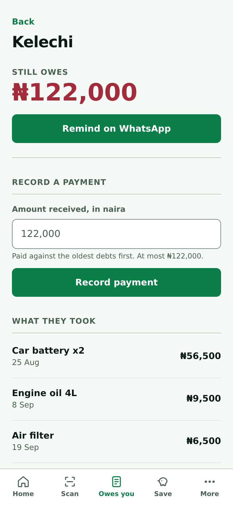A customer who owes, with a WhatsApp reminder