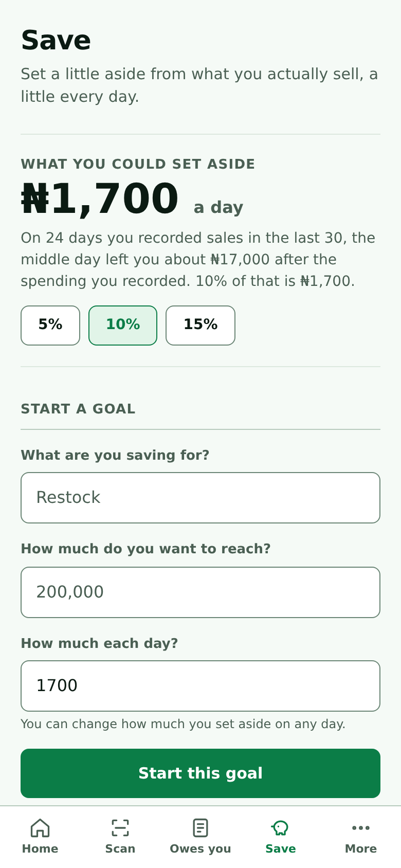 A savings goal with a streak